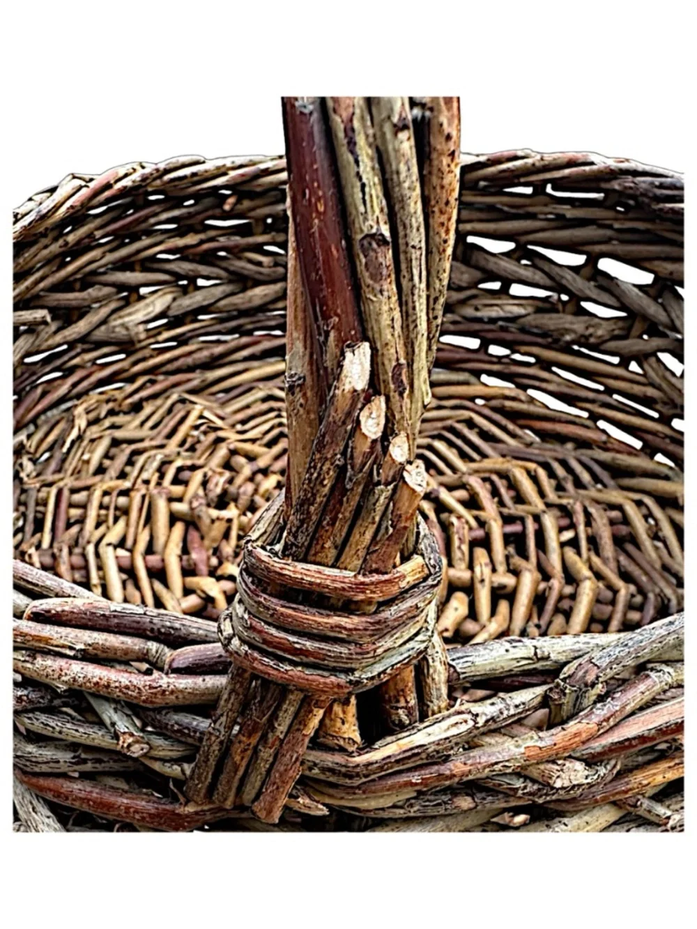 Vintage Hand Woven Wicker Basket 11” Handle Rustic Farmhouse Decor
